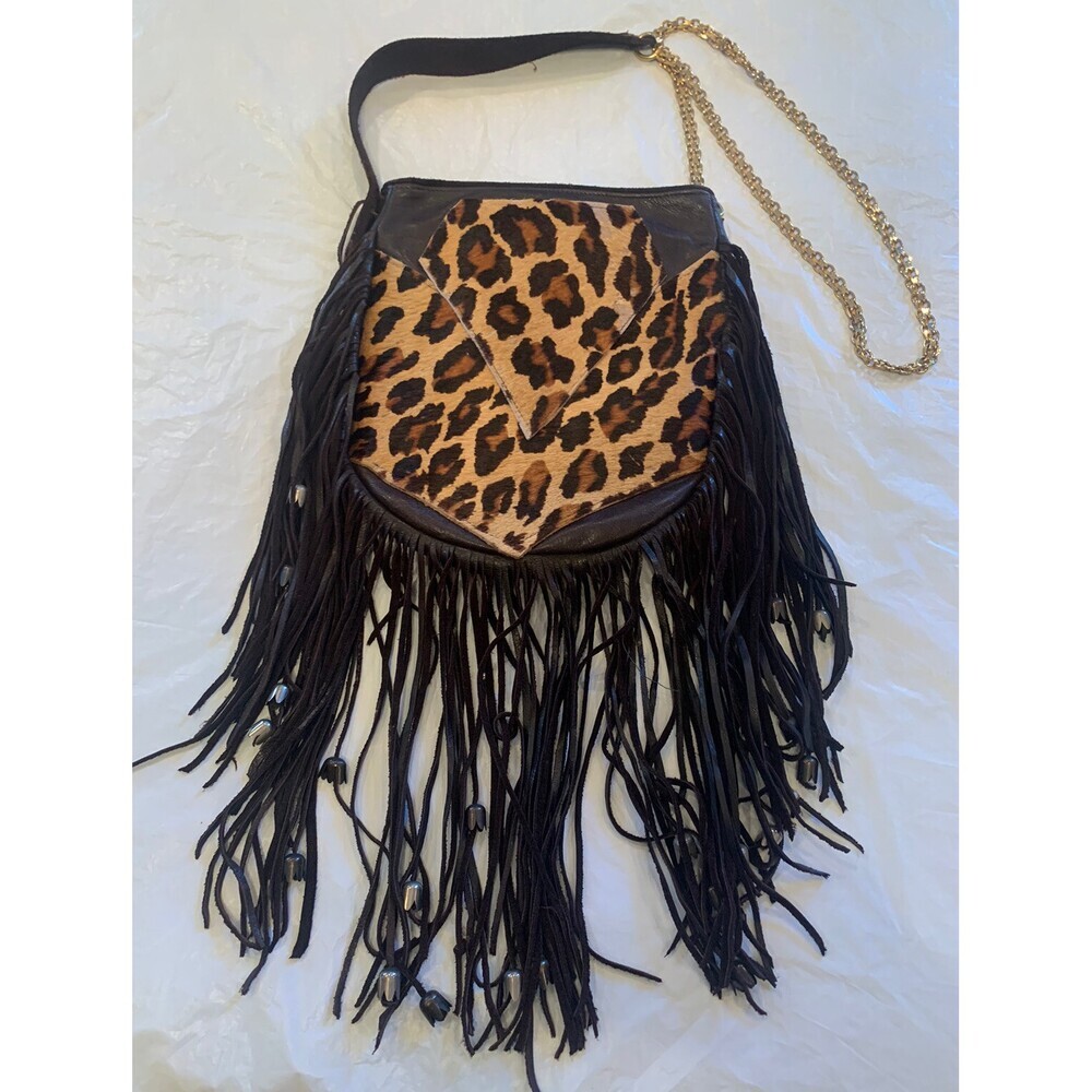 Charlize Kyle Couture Fringed Black Leather Purse With Leopard Print